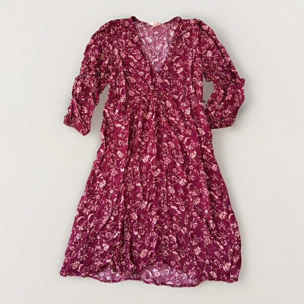 Knox Rose Burgundy Floral Boho Long Sleeve Midi Dress L Faux Wrap V-Neck Pockets